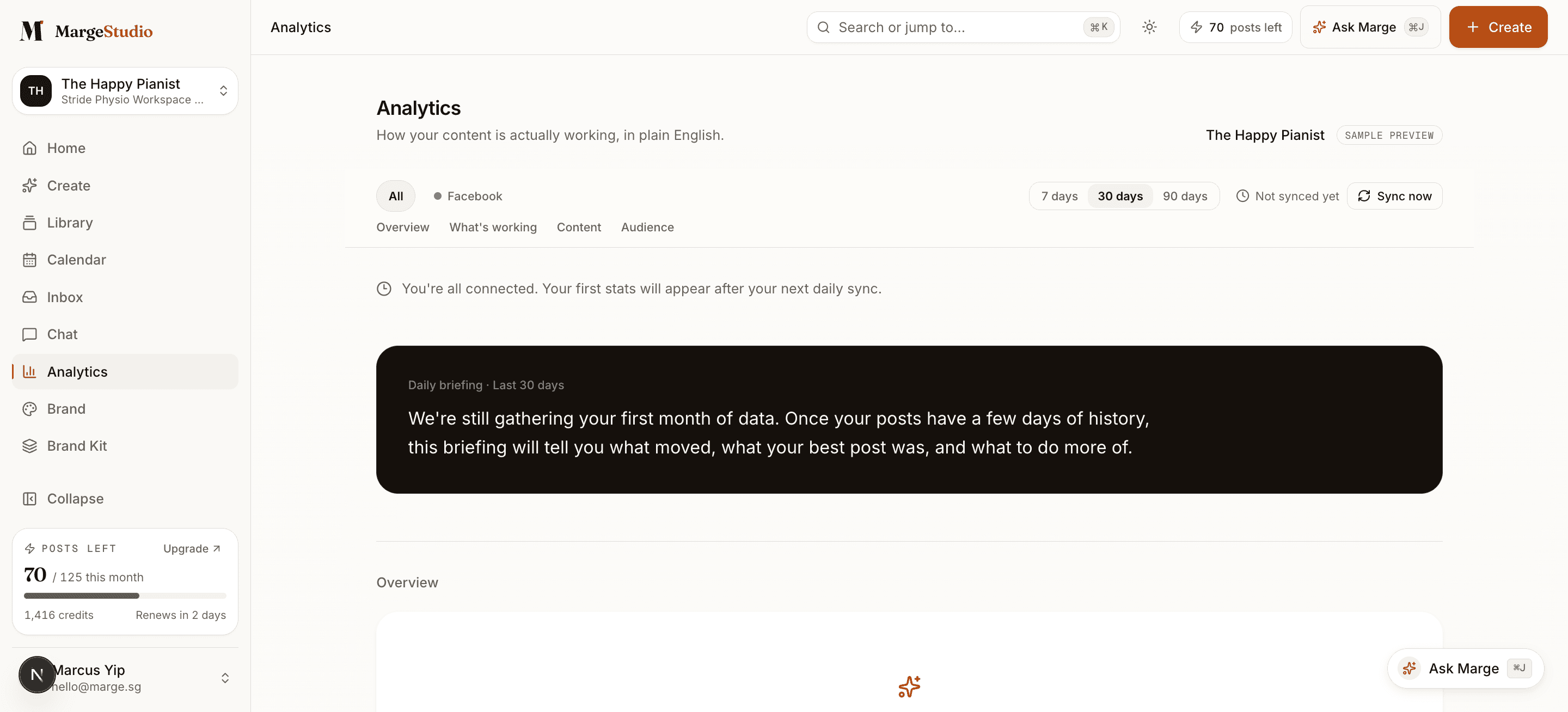 Cropped view of the Marge Studio analytics dashboard, a daily briefing card summarising what moved