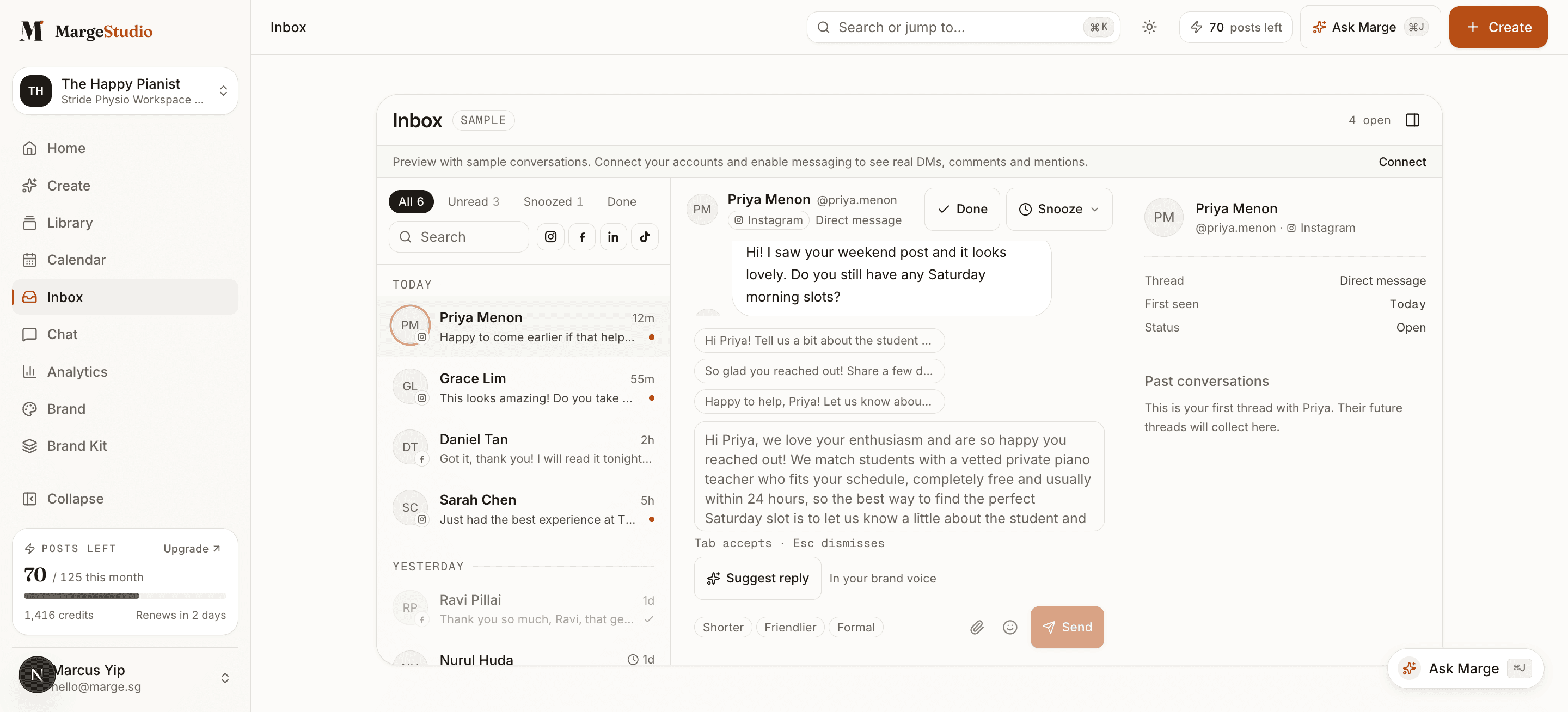 The unified Inbox in Marge Studio, showing Instagram DMs with a Marge-suggested reply in the brand voice